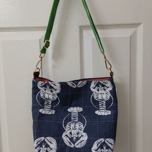 Stylish Blue Lobster Print Bag with Green Strap